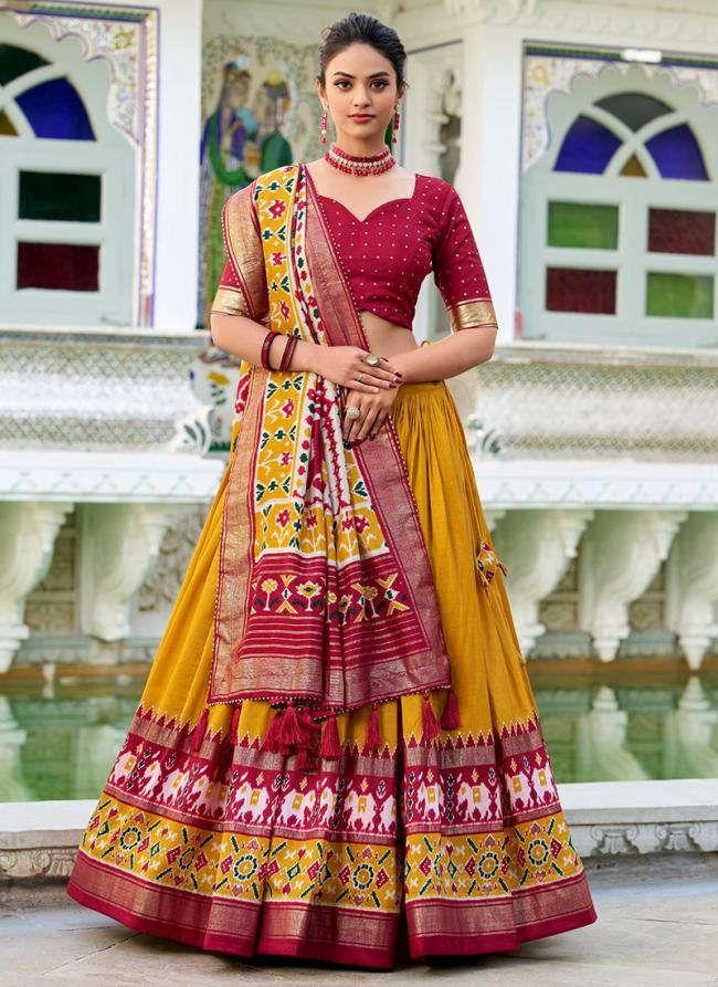 Tussar Silk Mustard Festival Wear Patola Print Lehenga Choli